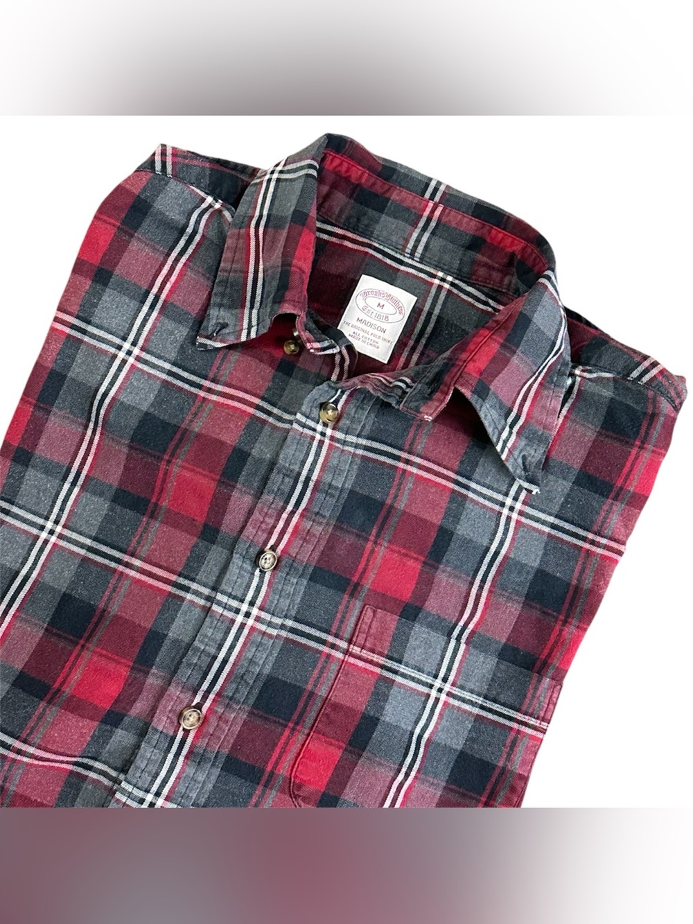 Brooks Brothers Madison Men’s Plaid Button Front Shirt Medium Red & Gray